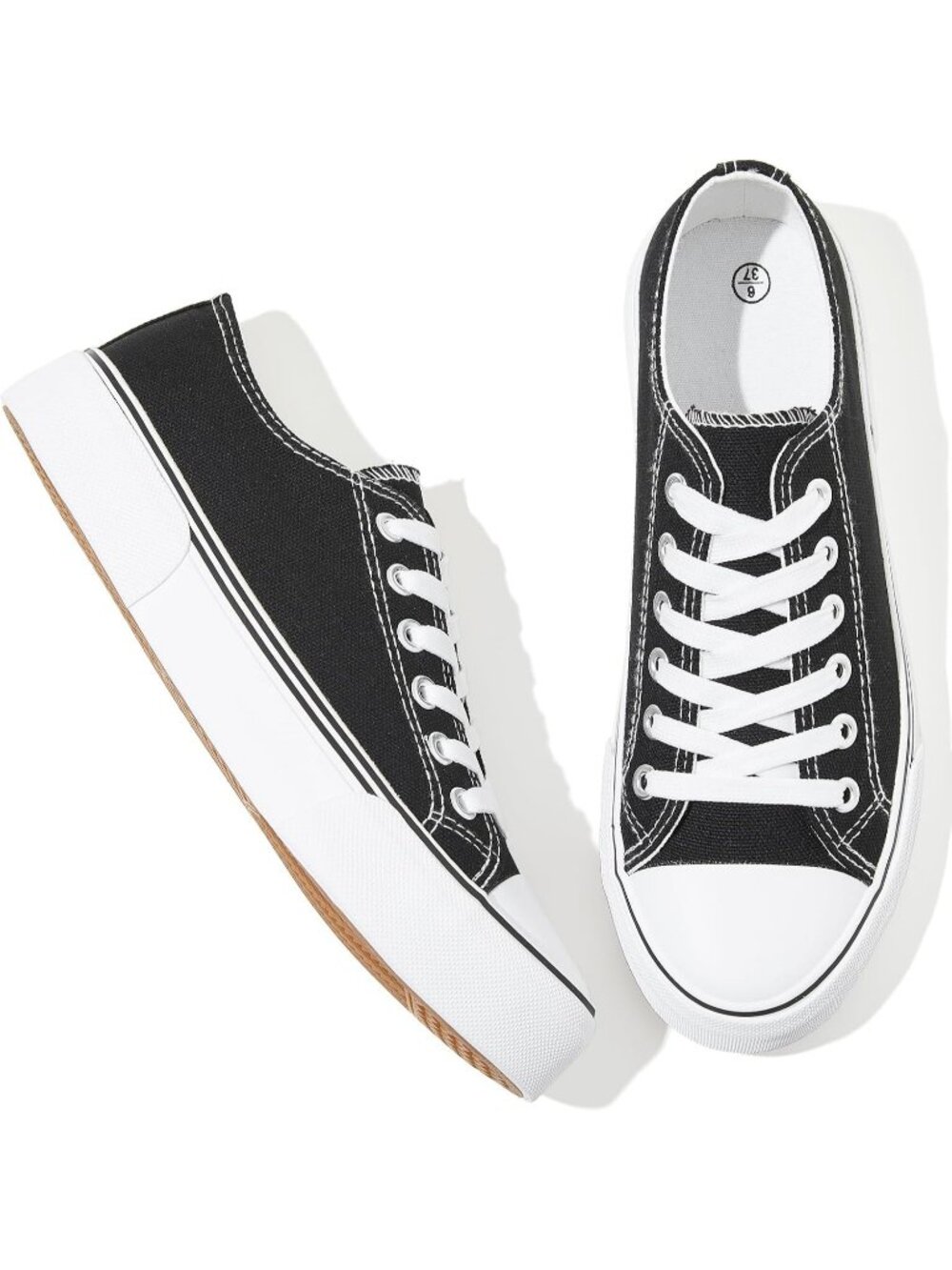 Women's Black Rubber Sole Canvas Lace Up Fashion Comfortable Walking Shoes